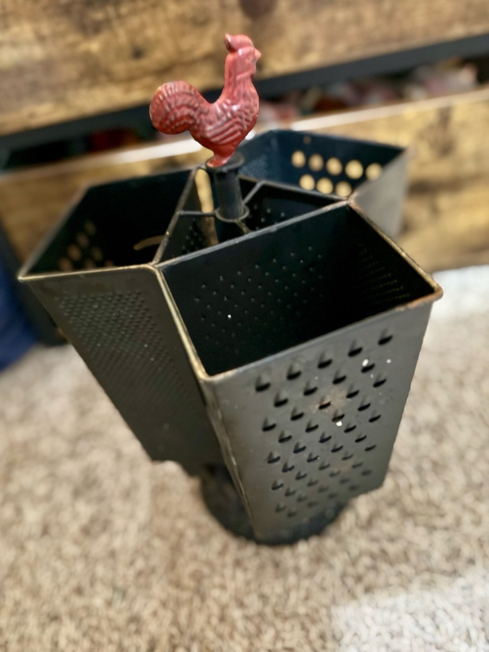 Primitive Black Metal Utensil Caddy with Red Rooster Topper